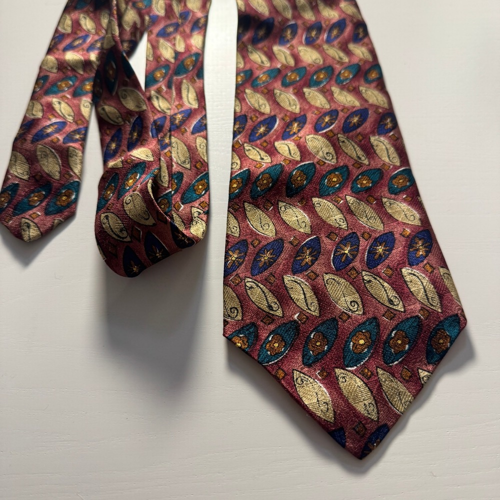 Ferrell Reed Nordstrom Mens 100% Silk Tie Burgundy Gold Geometric Handmade USA